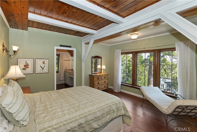 242 Holiday Dr, Lake Arrowhead, CA 92352 - bedroom featuring dark wood-type flooring, connected bathroom, and a wooden ceiling with exposed beams