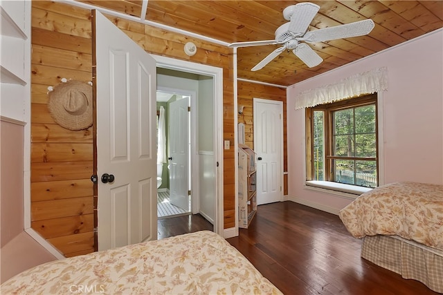 242 Holiday Dr, Lake Arrowhead, CA 92352 - bedroom featuring wood ceiling, baseboards, dark wood-style flooring, and ceiling fan