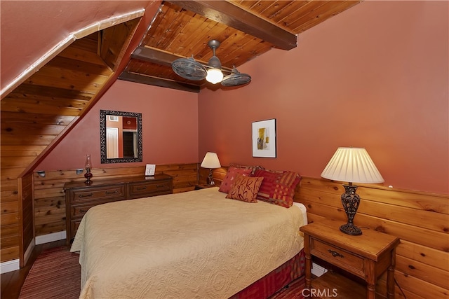 242 Holiday Dr, Lake Arrowhead, CA 92352 - bedroom with lofted ceiling with beams, wood ceiling, and dark wood-style flooring