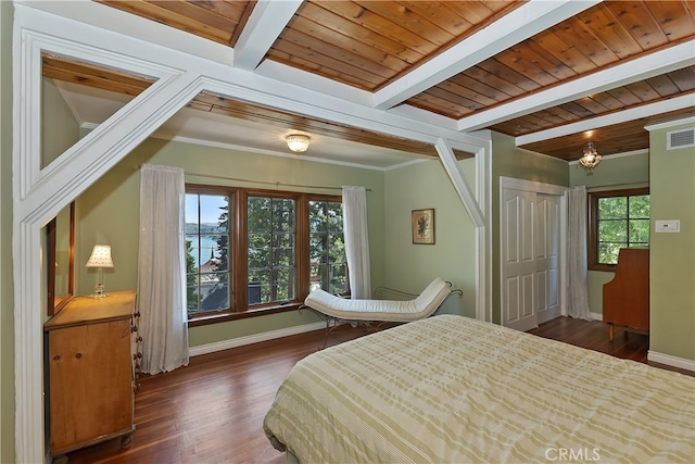 242 Holiday Dr, Lake Arrowhead, CA 92352 - bedroom featuring baseboards, beam ceiling, wood ceiling, and wood finished floors