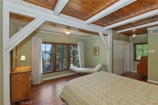 242 Holiday Dr, Lake Arrowhead, CA 92352 - bedroom featuring wood finished floors and a wood ceiling with exposed beams
