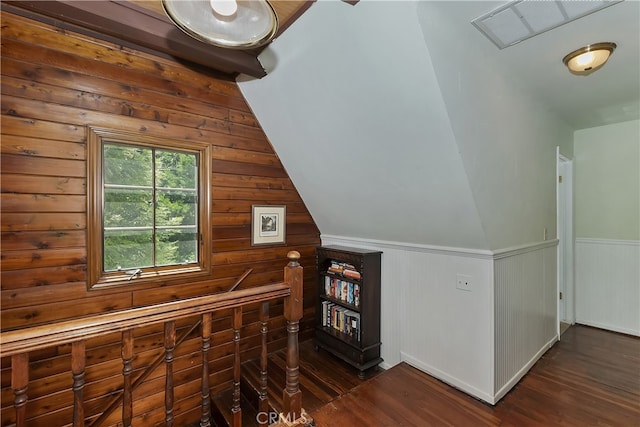 242 Holiday Dr, Lake Arrowhead, CA 92352 - additional living space featuring wainscoting, vaulted ceiling, dark wood-type flooring, and visible vents