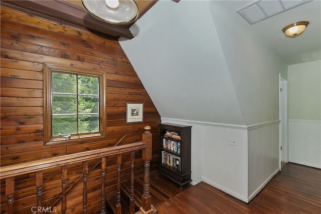 242 Holiday Dr, Lake Arrowhead, CA 92352 - additional living space with dark wood-style floors, a wainscoted wall, and lofted ceiling