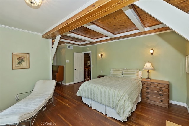 242 Holiday Dr, Lake Arrowhead, CA 92352 - bedroom with baseboards, wood-type flooring, beam ceiling, and visible vents