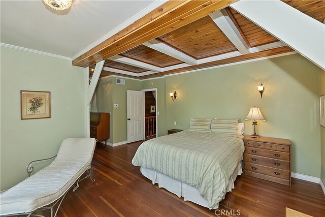 242 Holiday Dr, Lake Arrowhead, CA 92352 - bedroom with hardwood / wood-style floors, ornamental molding, and a wood ceiling with exposed beams