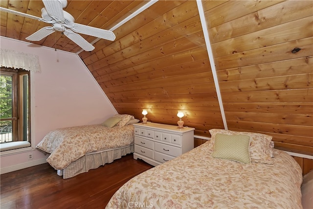 242 Holiday Dr, Lake Arrowhead, CA 92352 - bedroom featuring dark wood-style flooring, lofted ceiling, baseboards, wood ceiling, and a ceiling fan