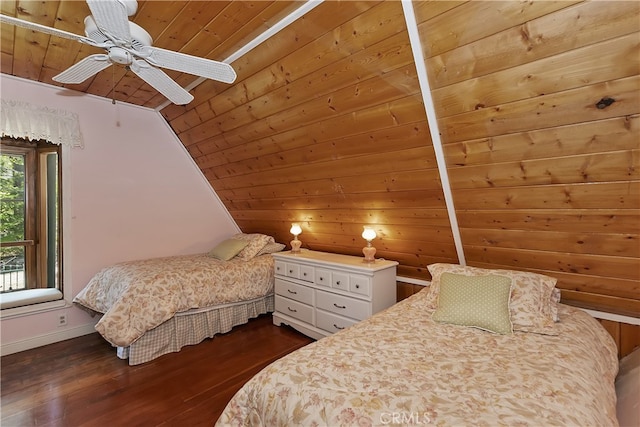 242 Holiday Dr, Lake Arrowhead, CA 92352 - bedroom with wood ceiling, lofted ceiling, dark wood-type flooring, and ceiling fan