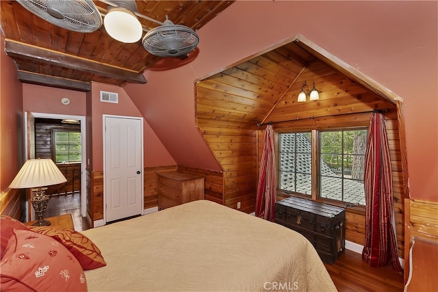 242 Holiday Dr, Lake Arrowhead, CA 92352 - bedroom with visible vents, wood finished floors, wooden walls, vaulted ceiling with beams, and wooden ceiling