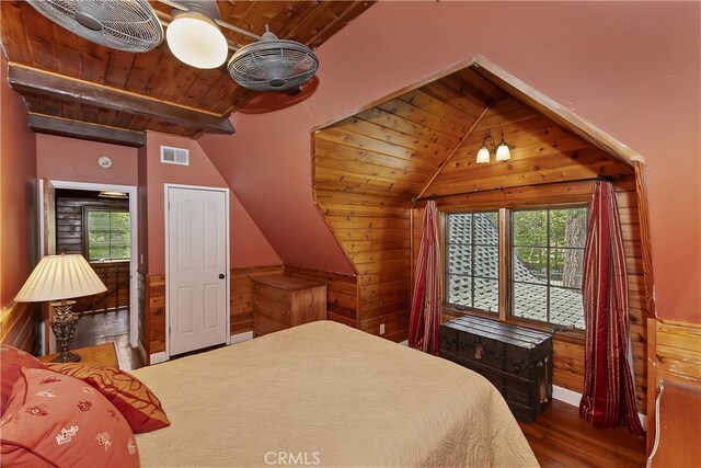 242 Holiday Dr, Lake Arrowhead, CA 92352 - bedroom featuring wood finished floors, wooden ceiling, and wood walls