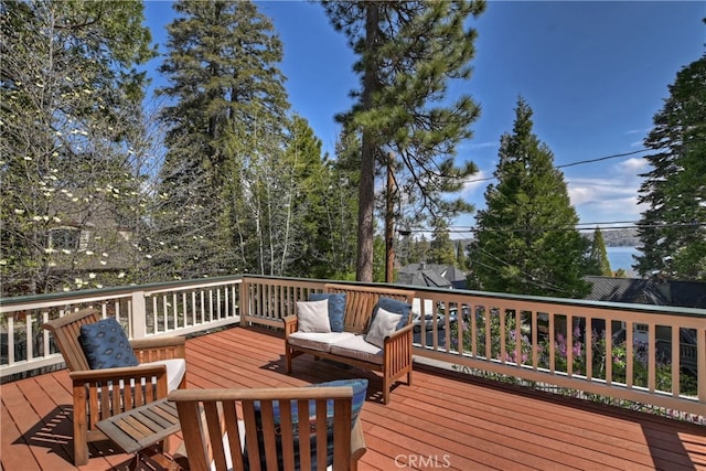 242 Holiday Dr, Lake Arrowhead, CA 92352 - deck featuring an outdoor living space