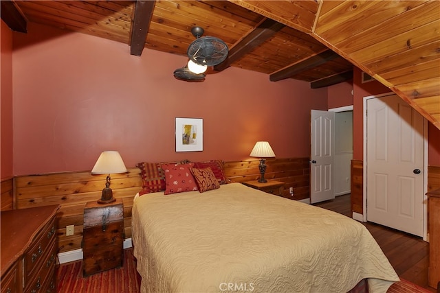242 Holiday Dr, Lake Arrowhead, CA 92352 - bedroom featuring beam ceiling, wood ceiling, and dark wood-type flooring