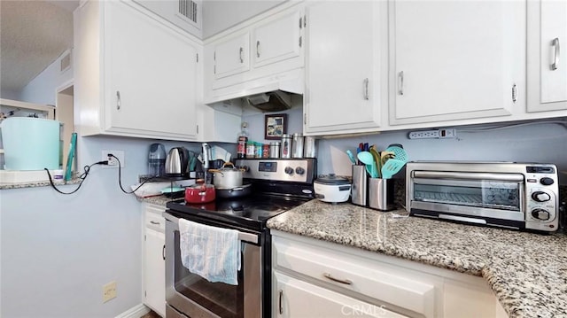 330 N Howard St Unit 212, Glendale, CA 91206 - kitchen with white cabinets, stainless steel electric range, light stone counters, a toaster, and visible vents