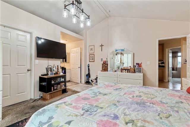 bedroom with high vaulted ceiling