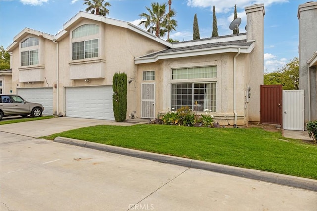 view of front of house with an attached garage, concrete driveway, stucco siding, and a chimney