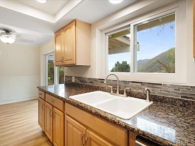 kitchen with a ceiling fan, light brown cabinetry, wainscoting, light wood-type flooring, and a sink