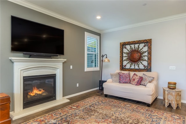 living area with wood finished floors, baseboards, a glass covered fireplace, ornamental molding, and recessed lighting
