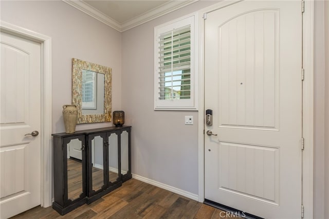 entrance foyer with baseboards, ornamental molding, and dark wood-type flooring
