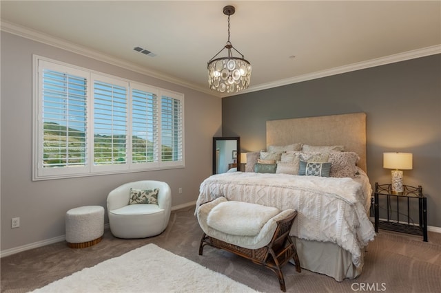 bedroom featuring carpet floors, a notable chandelier, visible vents, and baseboards