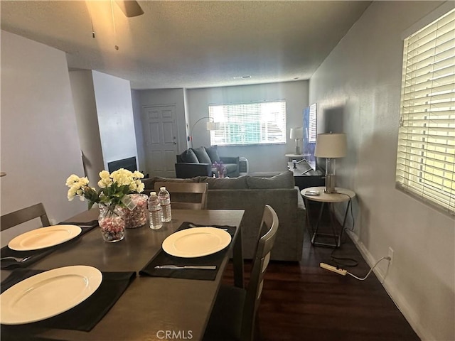 dining area with baseboards, a ceiling fan, a textured ceiling, and wood finished floors