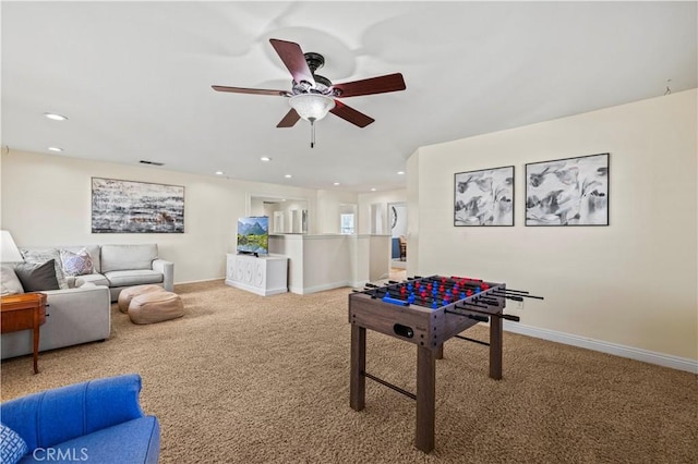 23664 Clearidge Dr, Valencia, CA 91354 - game room with carpet floors, ceiling fan, recessed lighting, and baseboards