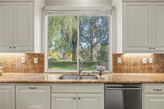 23664 Clearidge Dr, Valencia, CA 91354 - kitchen featuring stainless steel dishwasher, a sink, white cabinets, stone counters, and tasteful backsplash