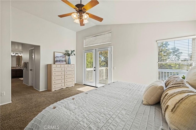 23664 Clearidge Dr, Valencia, CA 91354 - carpeted bedroom featuring access to exterior, vaulted ceiling, french doors, and ceiling fan