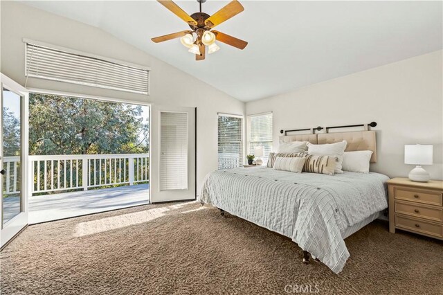 23664 Clearidge Dr, Valencia, CA 91354 - carpeted bedroom featuring access to outside, vaulted ceiling, and a ceiling fan