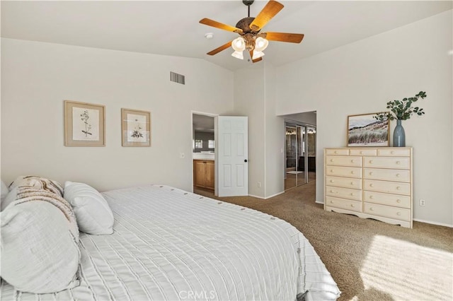 23664 Clearidge Dr, Valencia, CA 91354 - carpeted bedroom featuring high vaulted ceiling, ensuite bathroom, a ceiling fan, and baseboards