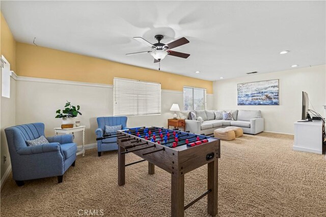 23664 Clearidge Dr, Valencia, CA 91354 - rec room with carpet floors, a ceiling fan, and baseboards