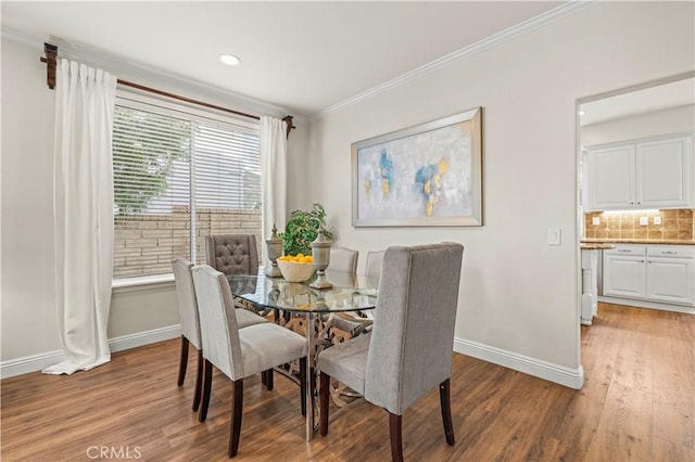 23664 Clearidge Dr, Valencia, CA 91354 - dining space with baseboards, crown molding, light wood-type flooring, and recessed lighting