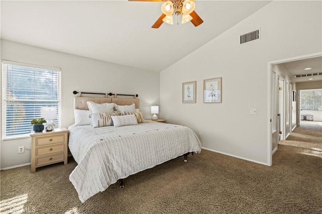 23664 Clearidge Dr, Valencia, CA 91354 - bedroom featuring carpet flooring, baseboards, high vaulted ceiling, and a ceiling fan