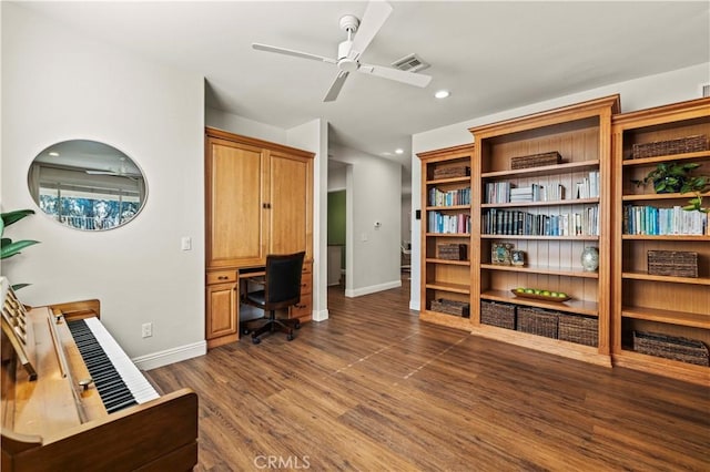 23664 Clearidge Dr, Valencia, CA 91354 - home office with baseboards, ceiling fan, dark wood-style floors, recessed lighting, and built in desk