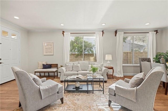 23664 Clearidge Dr, Valencia, CA 91354 - living room with ornamental molding, plenty of natural light, baseboards, recessed lighting, and light wood-style floors