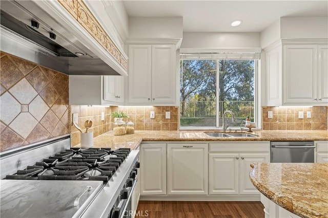 23664 Clearidge Dr, Valencia, CA 91354 - kitchen with under cabinet range hood, a sink, appliances with stainless steel finishes, white cabinetry, and light stone counters