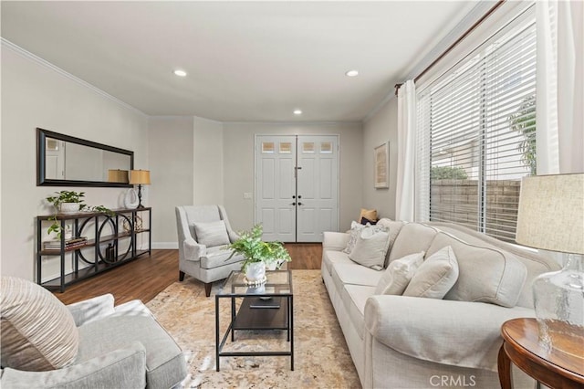 23664 Clearidge Dr, Valencia, CA 91354 - living area featuring wood finished floors, crown molding, recessed lighting, and baseboards