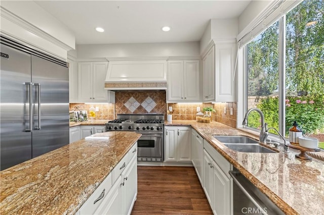 23664 Clearidge Dr, Valencia, CA 91354 - kitchen with premium appliances, custom exhaust hood, white cabinetry, light stone counters, and dark wood-type flooring