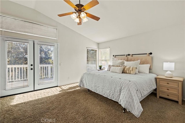 23664 Clearidge Dr, Valencia, CA 91354 - bedroom featuring vaulted ceiling, carpet floors, access to exterior, french doors, and multiple windows