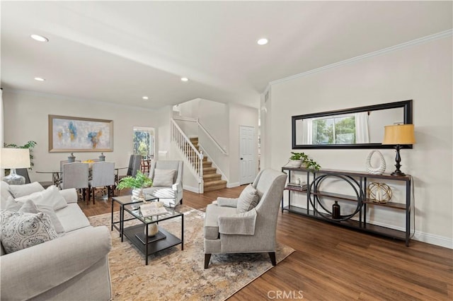 23664 Clearidge Dr, Valencia, CA 91354 - living area featuring stairs, healthy amount of natural light, ornamental molding, recessed lighting, and baseboards