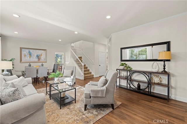 23664 Clearidge Dr, Valencia, CA 91354 - living room featuring stairs, crown molding, recessed lighting, and wood finished floors