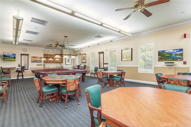 39312 Beringer Dr, Murrieta, CA 92563 - recreation room with carpet, baseboards, ornamental molding, and ceiling fan