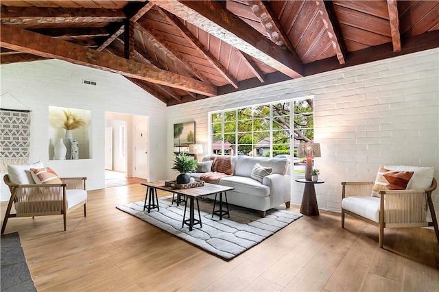 438 S Lamer St, Burbank, CA 91506 - living area with light wood-style flooring, high vaulted ceiling, and wooden ceiling with exposed beams