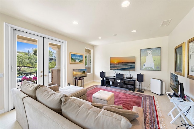 7 Rue Delacroix, Coto De Caza, CA 92679 - living area with light colored carpet, french doors, recessed lighting, and baseboards