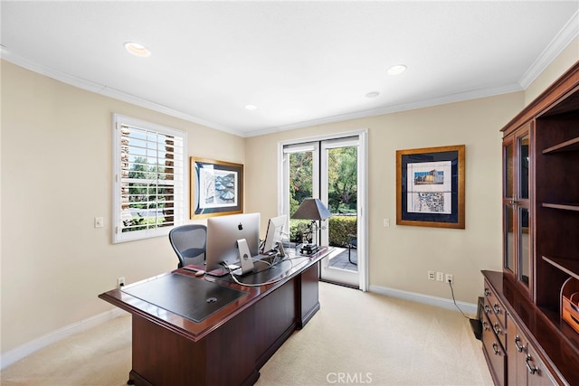 7 Rue Delacroix, Coto De Caza, CA 92679 - office with light colored carpet, baseboards, recessed lighting, and ornamental molding