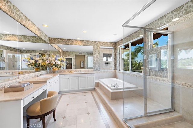 7 Rue Delacroix, Coto De Caza, CA 92679 - full bathroom featuring tile patterned floors, a shower stall, a bath, double vanity, and recessed lighting
