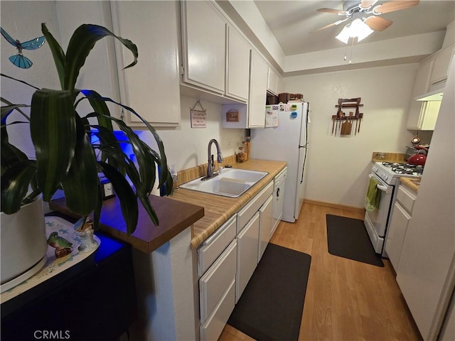 5805 Whitsett Ave Unit 102, Valley Village, CA 91607 - kitchen featuring white appliances, ceiling fan, a sink, light wood-style floors, and light countertops