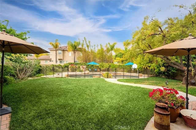 view of yard with fence and a fenced in pool