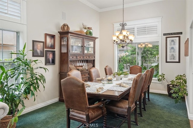 dining room with crown molding, baseboards, dark carpet, and a notable chandelier
