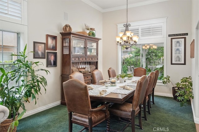 28433 Pinewood Ct, Saugus, CA 91390 - dining area featuring dark colored carpet, a chandelier, and ornamental molding