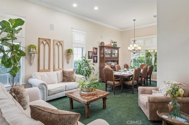 28433 Pinewood Ct, Saugus, CA 91390 - living room with a chandelier, carpet, plenty of natural light, a high ceiling, and ornamental molding