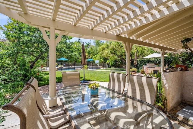 28433 Pinewood Ct, Saugus, CA 91390 - fenced backyard featuring outdoor dining area, a pergola, area for grilling, an outdoor pool, and a patio area